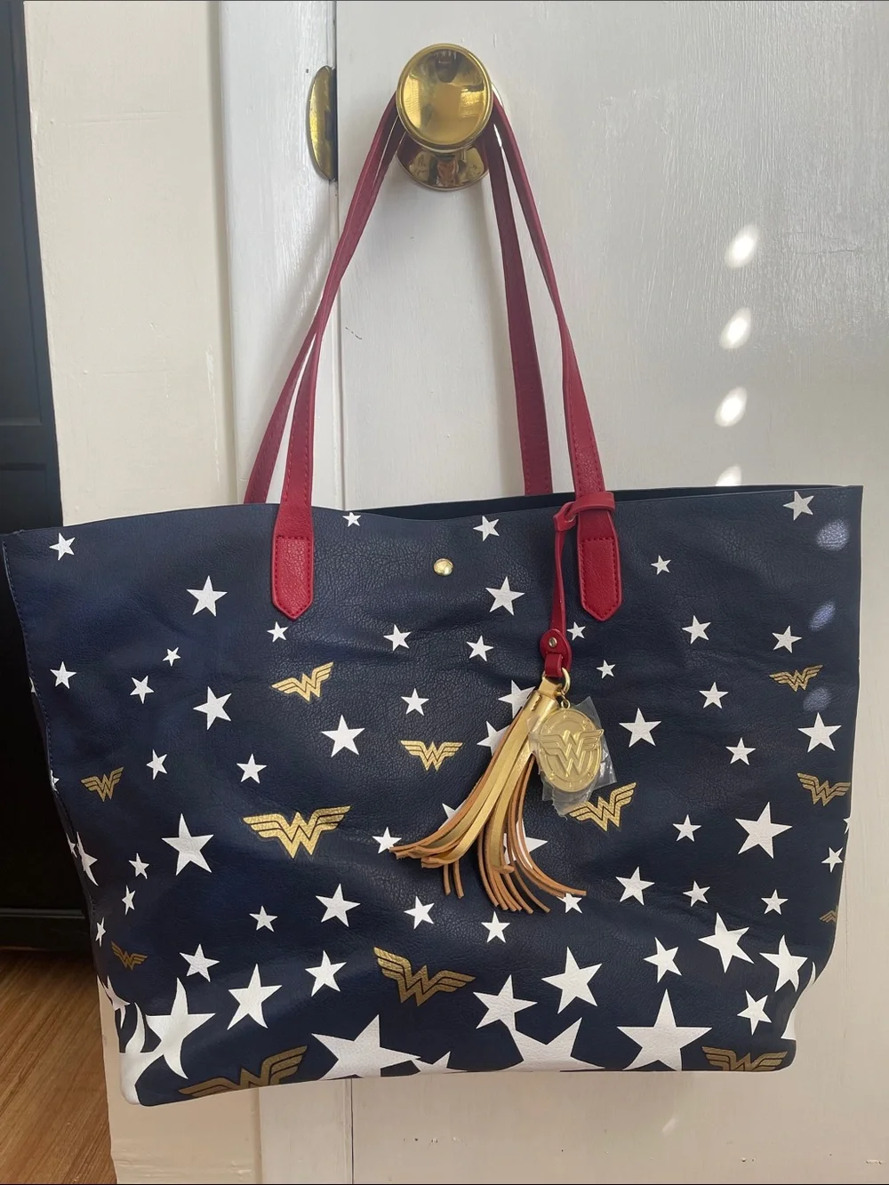 Bioworld Navy Star Print Tote with Red Handles and Gold Charm